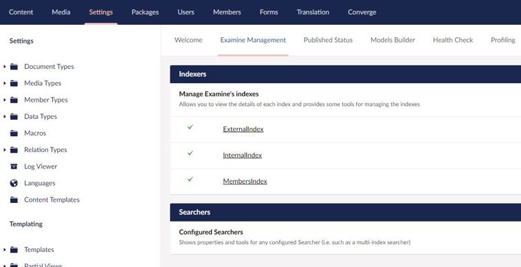 Setting section in Umbraco, with Examine Management selected